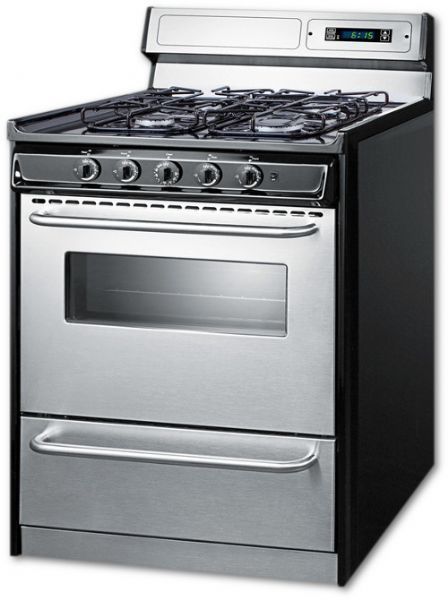 Summit TTM23027BKSW Freestanding Gas Range With 4 Burners, Sealed Cooktop, 3.7 Cu. Ft. Primary Oven Capacity, Broiler Drawer, Viewing Window, In Stainless Steel, 30