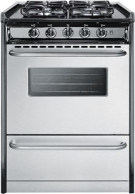 Summit TTM61027BRSW Professional Gas Range, 12000 BTU High output burner, Professional towel bar handles, Electronic ignition, Removable burner caps, Push-to-turn knobs, Porcelain construction, Slide-in look, Four sealed burners, Stainless steel oven and broiler door, Oven window with light, Broiler compartment, Recessed top, Two oven racks, Two-piece broiler tray, Replaces TNM61027BFRWY, Made in the U.S.A (TTM 61027 BRSW TTM 61027BRSW TTM61027 BRSW TTM-61027-BRSW TTM-61027BRSW TTM61027-BRSW)
