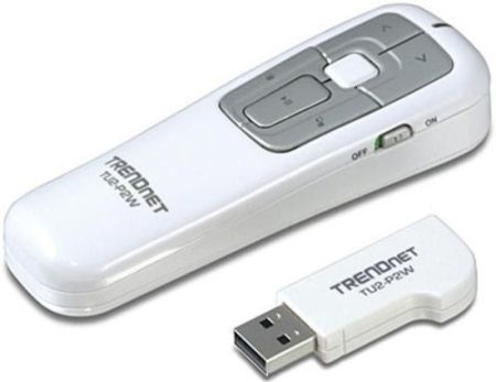 TRENDnet TU2-P2W Compact Wireless USB Presenter, Controls PowerPoint presentations wirelessly at distances of up to 30m (100ft), PowerPoint controls: initiation of presentation mode, slide progression forward and backward, screen dimming and switch to previous active program, Built in Laser pointer to highlight key presentation information (TU2P2W TU2 P2W TU2-P2)