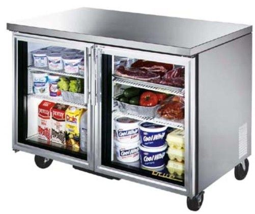 True TUC-48G-LP Low Profile Undercounter Refrigerator, 32-38 F, 12 cu. ft., 4 shelves, 300 series stainless steal top - sides, white . alum. interior with 300 series stainless steel floor, Doors swing within cabinet dimensions and are self-closing with 90 stay open feature, Energy efficient, thermal glass doors, 4 Adjustable vinyl coated wire shelves support up to 250 lbs. each (TUC48GLP TUC48G-LP TUC-48GLP TUC-48-G-LP) 