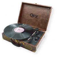 QFX TURN-105 Suitcase Turntable; Wood; Belt drive system Turntable with 3 speeds for 33, 45 and 78 RPM (45 RPM adapter included); Ceramic stereo cartridge with stylus; Semi Auto stop mechanism, on/off volume control and power LED light indicator; Vinyl playback only; Convert records to digital files; UPC 606540034408 (TURN-105 TURN105 TURN105-TURNTABLE TURN105TURNTABLE TURN105-QFX TURN-105QFX)