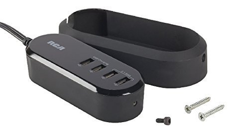 RCA TUSB4R Tabletop USB charger with mounting bracket; 4 USB charging ports; Full-speed charging for 4 smartphones at the same time; Full-speed charging for 2 tablets at the same time; 2.4 amp charging outlets charge twice as fast; Mounts securely to surfaces with permanent mounting bracket (included, mounting is optional); Perfect for conference rooms, hotels, or office environments; 34 watts of charging power; 6ft power cord; UPC 044476104640 (TUSB4R TUSB4R)