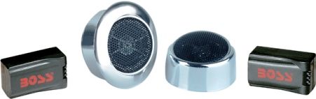 Boss Audio TW19 Micro-Dome Neodymium Tweeter with Chrome Finish, 250 Watts Total Power, Frequency Response 2.5 to 21 kHz, Driver Sensitivity 93 dB, Crossover, 3 Mounting Kits (Surface, Angel, Swivel), Dimensions (H x L x W) 1