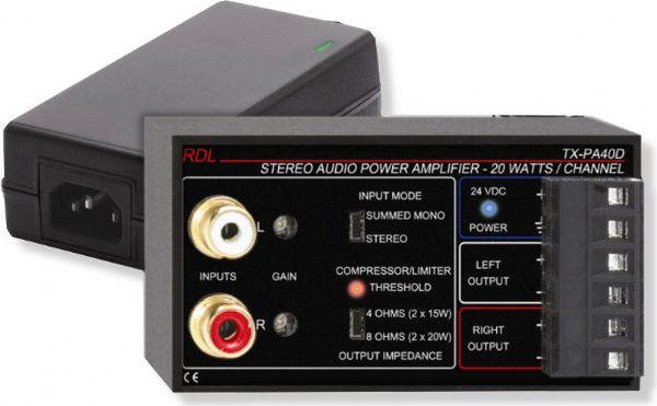 RDL TX-PA40D Stereo Audio Power Amplifier 40 W 8 Ohms With Power Supply; 20 Watts RMS per Channel into 8 Ohms 40 Watts total; 15 Watts RMS per Channel into 4 Ohms 30 Watts total; Left and right unbalanced phono jack inputs; Switch selectable stereo or mono operation; UPC 813721016232 (TXPA40D TXPA-40D TXPA40-D RDLTX-PA40D RDLTXPA-40D RDLTXPA40-D)