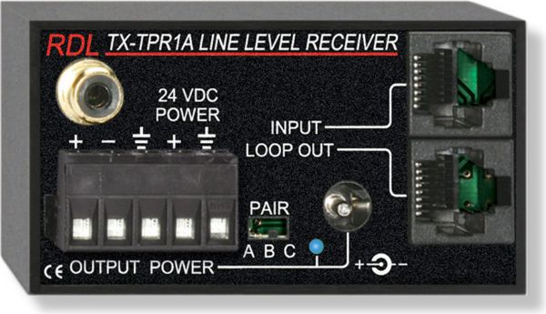 RDL TX-TPR1A Series TX Active Single Pair Receiver Twisted Pair Format A Balanced Line Output; Single -10 dBV unbalanced or +4 dBu balanced output; Phono jack and detachable terminal block outputs; Switch selects which pair A, B or C feeds the output; Signal and power pair pass through to loop out jack; UPC 813721016171 (TXTPR1A TXTPR-1A TXTPR1-A RDLTXT-PR1A RDLTXTPR-1A RDLTXTPR1-A)