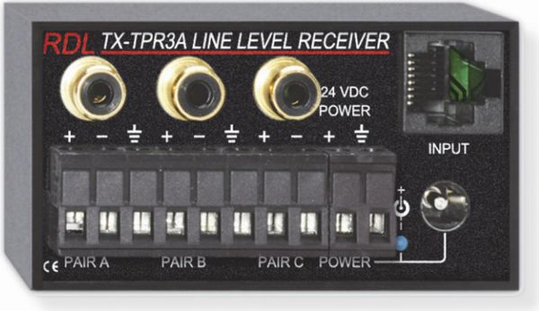 RDL TX-TPR3A Active Three Pair Receiver, Twisted Pair Format-A  Balanced line outputs; Three -10 dBV unbalanced or +4 dBu balanced outputs; Phono jack and detachable terminal block outputs; Audio outputs for all three pairs (A, B and C); Utilizes all three format-A pairs; Powered locally or remotely through RJ45 jack; UPC 813721016188 (TXTPR3A TXTP-R3A TXTPR-3A RDLTXT-PR3A RDLTXTP-R3A RDLTXTPR-3A)