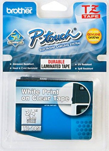 Brother TZ-145 Laminated P-Touch Labeling Tape, White on Clear  Wide, 26.2 ft, Resists water grease and grime, Can be used in hot and cold environments as well as outdoors, For us with all TZ P-Touch machines except PT-200 PT-1000 PT-1100 PT-1130 PT-1160 PT-1170S PT-1180 PT-1200 PT-1280 ST-1150 ST-1150DX, UPC 0012502054931 (TZ145 TZ 145)