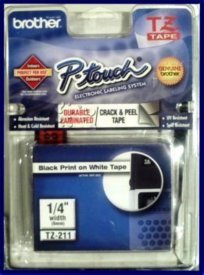 Brother TZ-211 P-touch Tape 1/4-Inch (26.2 ft) Standard Laminated Black On White, For Use With: GL-100, PT-1000, PT-1010, PT-1010B, PT-1010R, PT-1010S, PT-1100, PT1100SB, PT-1100SBVP, PT-1100ST, PT-1160, PT-1170, PT-1180, PT-1190, PT-11Q, PT-1200, PT-1230PC, PT-1280, PT-1280VP, PT-1300, PT-1400, PT-1500PC (TZ211 TZ 211)