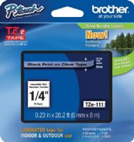 Brother TZe111 Standard Laminated 6mm x 8m (0.23 in x 26.2 ft) Black Print on Clear Tape, UPC 012502625490, For Use With GL-100, PT-1000, PT-1000BM, PT-1010, PT-1010B, PT-1010NB, PT-1010R, PT-1010S, PT-1090, PT-1090BK, PT-1100, PT1100SB, PT-1100SBVP, PT-1100ST, PT-1120, PT-1130, PT-1160, PT-1170, PT-1180, PT-1190, PT-1200, PT-1230PC (TZE-111 TZE 111 TZ-E111) 
