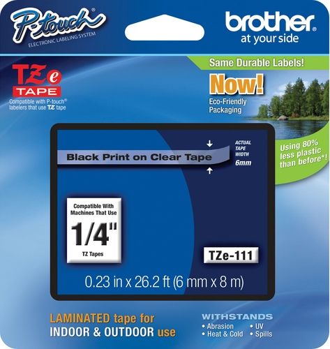 Brother TZe111 Standard Laminated 6mm x 8m (0.23 in x 26.2 ft) Black Print on Clear Tape, UPC 012502625490, For Use With GL-100, PT-1000, PT-1000BM, PT-1010, PT-1010B, PT-1010NB, PT-1010R, PT-1010S, PT-1090, PT-1090BK, PT-1100, PT1100SB, PT-1100SBVP, PT-1100ST, PT-1120, PT-1130, PT-1160, PT-1170, PT-1180, PT-1190, PT-1200, PT-1230PC (TZE-111 TZE 111 TZ-E111)