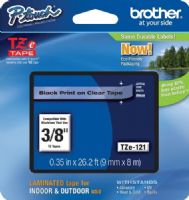Brother TZe121 Standard Laminated 9mm x 8m (0.35 in x 26.2 ft) Black Print on Clear Tape, UPC 012502625506, For Use With GL-100, PT-1000, PT-1000BM, PT-1010, PT-1010B, PT-1010NB, PT-1010R, PT-1010S, PT-1090, PT-1090BK, PT-1100, PT1100SB, PT-1100SBVP, PT-1100ST, PT-1120, PT-1130, PT-1160, PT-1170, PT-1180, PT-1190, PT-1200, PT-1230PC (TZE-121 TZE 121 TZ-E121) 