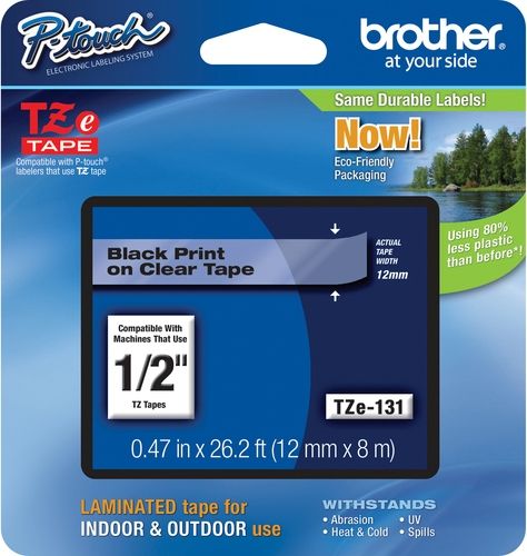 Brother TZe131 Standard Laminated 12mm x 8m (0.47 in x 26.2 ft) Black Print on Clear Tape, UPC 012502627623, For Use With GL-100, PT-1000, PT-1000BM, PT-1010, PT-1010B, PT-1010NB, PT-1010R, PT-1010S, PT-1090, PT-1090BK, PT-1100, PT1100SB, PT-1100SBVP, PT-1100ST, PT-1120, PT-1130, PT-1160, PT-1170, PT-1180, PT-1190, PT-1200 (TZE-131 TZE 131 TZ-E131)