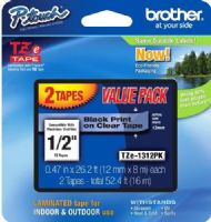 Brother TZe1312PK Standard Laminated 12mm x 8m (0.47 in x 26.2 ft) Black Print on Clear Tape (2-Pack), UPC 012502627036, For Use With GL-100, PT-1000, PT-1000BM, PT-1010, PT-1010B, PT-1010NB, PT-1010R, PT-1010S, PT-1090, PT-1090BK, PT-1100, PT1100SB, PT-1100SBVP, PT-1100ST, PT-1120, PT-1130, PT-1160, PT-1170, PT-1180 (TZE-1312PK TZE 1312PK TZ-E1312PK TZE131) 
