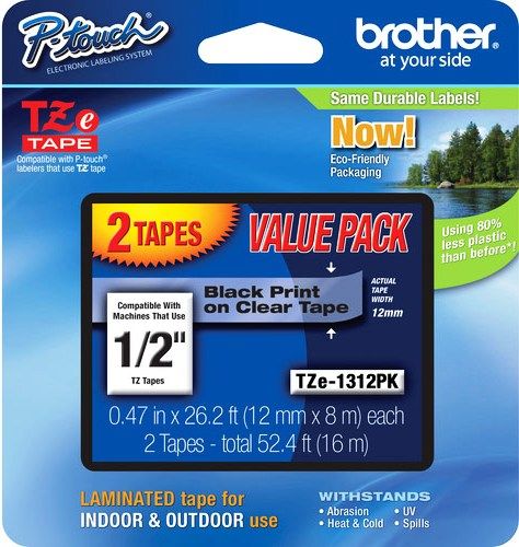 Brother TZe1312PK Standard Laminated 12mm x 8m (0.47 in x 26.2 ft) Black Print on Clear Tape (2-Pack), UPC 012502627036, For Use With GL-100, PT-1000, PT-1000BM, PT-1010, PT-1010B, PT-1010NB, PT-1010R, PT-1010S, PT-1090, PT-1090BK, PT-1100, PT1100SB, PT-1100SBVP, PT-1100ST, PT-1120, PT-1130, PT-1160, PT-1170, PT-1180 (TZE-1312PK TZE 1312PK TZ-E1312PK TZE131)
