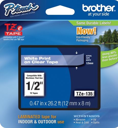 Brother TZe135 Standard Laminated 12mm x 8m (0.47 in x 26.2 ft) White Print on Clear Tape, UPC 012502625599, For Use With GL-100, PT-1000, PT-1000BM, PT-1010, PT-1010B, PT-1010NB, PT-1010R, PT-1010S, PT-1090, PT-1090BK, PT-1100, PT1100SB, PT-1100SBVP, PT-1100ST, PT-1120, PT-1130, PT-1160, PT-1170, PT-1180, PT-1190, PT-1200 (TZE-135 TZE 135 TZ-E135)