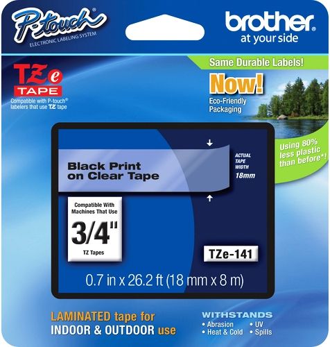 Brother TZe141 Standard Laminated 18mm x 8m (0.70 in x 26.2 ft) Black Print on Clear Tape, UPC 012502625605, For Use With PT-1300, PT-1400, PT-1500, PT-1500PC, PT-1600, PT-1650, PT-1700, PT-1750, PT-1800, PT-1810, PT-1830, PT-1830C, PT-1830SC, PT-1830VP, PT-1880, PT-1880C, PT-1880SC, PT-1880W, PT-18R, PT-18RKT, PT-1900 (TZE-141 TZE 141 TZ-E141)