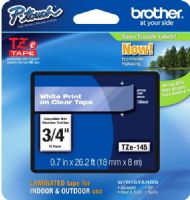 Brother TZe145 Standard Laminated 18mm x 8m (0.70 in x 26.2 ft) White Print on Clear Tape, UPC 012502625629, For Use With PT-1300, PT-1400, PT-1500, PT-1500PC, PT-1600, PT-1650, PT-1700, PT-1760, PT-1800, PT-1810, PT-1830, PT-1830C, PT-1830SC, PT-1830VP, PT-1880, PT-1880C, PT-1880SC, PT-1880W, PT-18R, PT-18RKT, PT-1900 (TZE-145 TZE 145 TZ-E145) 