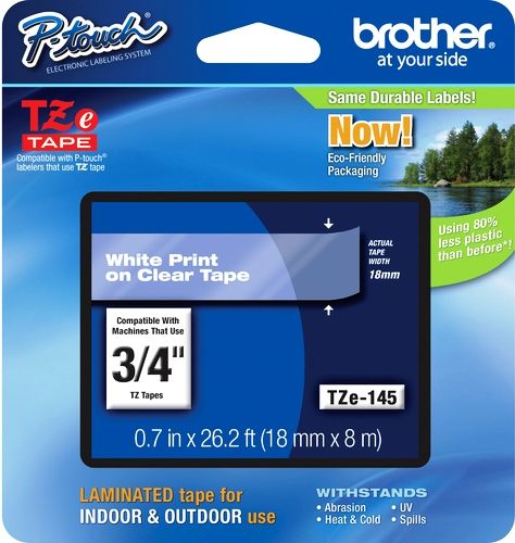 Brother TZe145 Standard Laminated 18mm x 8m (0.70 in x 26.2 ft) White Print on Clear Tape, UPC 012502625629, For Use With PT-1300, PT-1400, PT-1500, PT-1500PC, PT-1600, PT-1650, PT-1700, PT-1760, PT-1800, PT-1810, PT-1830, PT-1830C, PT-1830SC, PT-1830VP, PT-1880, PT-1880C, PT-1880SC, PT-1880W, PT-18R, PT-18RKT, PT-1900 (TZE-145 TZE 145 TZ-E145)