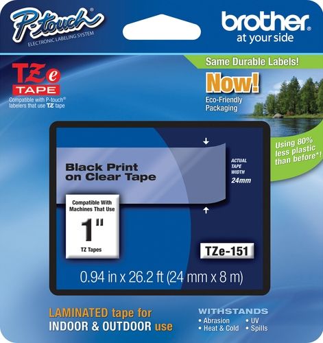 Brother TZe151 Standard Laminated 24mm x 8m (0.94 in x 26.2 ft) Black Print on Clear Tape, UPC 012502625636, For Use With PT-1400, PT-1500PC, PT-1600, PT-1650, PT-2200, PT-2210, PT-2300, PT-2310, PT-2400, PT-2410, PT-2430PC, PT-2500PC, PT-2600, PT-2610, PT-2700, PT-2710, PT-2730, PT-2730VP, PT-330, PT-350, PT-3600, PT-520, PT-530 (TZE-151 TZE 151 TZ-E151)