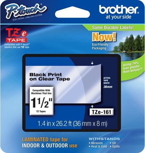Brother TZe161 Standard Laminated 36mm x 8m (1.40 in x 26.2 ft) Black Print on Clear Tape, For Use With PT-3600, PT-530, PT-550, PT-9200DX, PT-9200PC, PT-9400, PT-9500PC, PT-9600, UPC 012502625643 (TZE-161 TZE 161 TZ-E161)