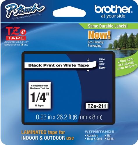 Brother TZe211 Standard Laminated 6mm x 8m (0.23 in x 26.2 ft) Black Print on White Tape, UPC 012502625650, For Use With GL-100, PT-1000, PT-1000BM, PT-1010, PT-1010B, PT-1010NB, PT-1010R, PT-1010S, PT-1090, PT-1090BK, PT-1100, PT1100SB, PT-1100SBVP, PT-1100ST, PT-1120, PT-1130, PT-1160, PT-1170, PT-1180, PT-1190, PT-1200, PT-1230PC (TZE-211 TZE 211 TZ-E211)