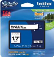 Brother TZe231 Standard Laminated 12mm x 8m (0.47 in x 26.2 ft) Black Print on White Tape, UPC 012502625698, For Use With GL-100, PT-1000, PT-1000BM, PT-1010, PT-1010B, PT-1010NB, PT-1010R, PT-1010S, PT-1090, PT-1090BK, PT-1100, PT1100SB, PT-1100SBVP, PT-1100ST, PT-1120, PT-1130, PT-1160, PT-1170, PT-1180, PT-1190, PT-1200, PT-1230PC (TZE-231 TZE 231 TZ-E231) 