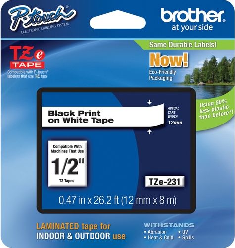 Brother TZe231 Standard Laminated 12mm x 8m (0.47 in x 26.2 ft) Black Print on White Tape, UPC 012502625698, For Use With GL-100, PT-1000, PT-1000BM, PT-1010, PT-1010B, PT-1010NB, PT-1010R, PT-1010S, PT-1090, PT-1090BK, PT-1100, PT1100SB, PT-1100SBVP, PT-1100ST, PT-1120, PT-1130, PT-1160, PT-1170, PT-1180, PT-1190, PT-1200, PT-1230PC (TZE-231 TZE 231 TZ-E231)