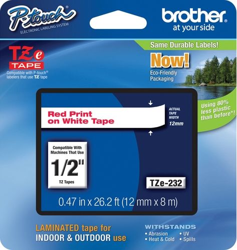 Brother TZe232 Standard Laminated 12mm x 8m (0.47 in x 26.2 ft) Red Print on White Tape, UPC 012502625735, For Use With GL-100, PT-1000, PT-1000BM, PT-1010, PT-1010B, PT-1010NB, PT-1010R, PT-1010S, PT-1090, PT-1090BK, PT-1100, PT1100SB, PT-1100SBVP, PT-1100ST, PT-1120, PT-1130, PT-1160, PT-1170, PT-1180, PT-1190, PT-1200, PT-1230PC (TZE-232 TZE 232 TZ-E232)