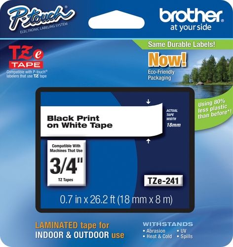 Brother TZe241 Standard Laminated 18mm x 8m (0.7 in x 26.2 ft) Black Print on White Tape, UPC 012502625742, For Use With PT-1300, PT-1400, PT-1500, PT-1500PC, PT-1600, PT-1650, PT-170, PT-1700, PT-170K, PT-1750, PT-1800, PT-1810, PT-1830, PT-1830C, PT-1830SC, PT-1830VP, PT-1880, PT-1880C, PT-1880SC, PT-1880W, PT-18R, PT-18RKT (TZE-241 TZE 241 TZ-E241)
