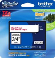Brother TZe242 Standard Laminated 18mm x 8m (0.70 in x 26.2 ft) Red Print on White Tape, UPC 012502625766, For Use With PT-1300, PT-1400, PT-1500, PT-1500PC, PT-1600, PT-1650, PT-1700, PT-1750, PT-1800, PT-1810, PT-1830, PT-1830C, PT-1830SC, PT-1830VP, PT-1880, PT-1880C, PT-1880SC, PT-1880W, PT-18R, PT-18RKT, PT-1900, PT-1910 (TZE-242 TZE 242 TZ-E242) 