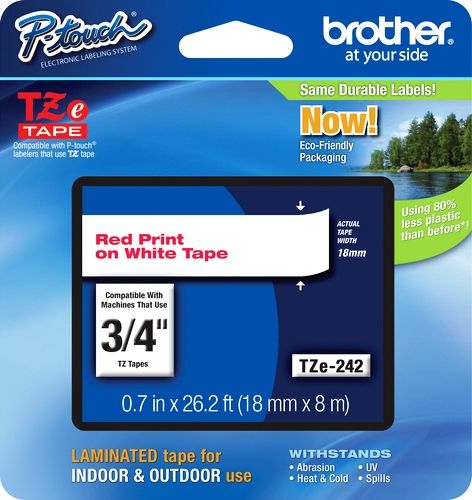 Brother TZe242 Standard Laminated 18mm x 8m (0.70 in x 26.2 ft) Red Print on White Tape, UPC 012502625766, For Use With PT-1300, PT-1400, PT-1500, PT-1500PC, PT-1600, PT-1650, PT-1700, PT-1750, PT-1800, PT-1810, PT-1830, PT-1830C, PT-1830SC, PT-1830VP, PT-1880, PT-1880C, PT-1880SC, PT-1880W, PT-18R, PT-18RKT, PT-1900, PT-1910 (TZE-242 TZE 242 TZ-E242)