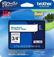 Brother TZe243 Standard Laminated 18mm x 8m (0.70 in x 26.2 ft) Blue Print on White Tape, UPC 012502625773, For Use With PT-1300, PT-1400, PT-1500, PT-1500PC, PT-1600, PT-1650, PT-1700, PT-1750, PT-1800, PT-1810, PT-1830, PT-1830C, PT-1830SC, PT-1830VP, PT-1880, PT-1880C, PT-1880SC, PT-1880W, PT-18R, PT-18RKT, PT-1900, PT-1910 (TZE-243 TZE 243 TZ-E243) 