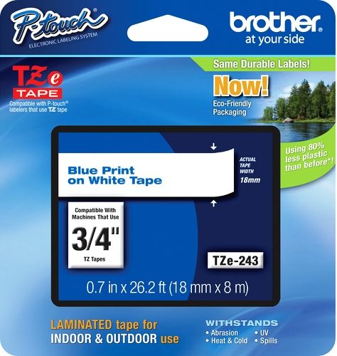 Brother TZe243 Standard Laminated 18mm x 8m (0.70 in x 26.2 ft) Blue Print on White Tape, UPC 012502625773, For Use With PT-1300, PT-1400, PT-1500, PT-1500PC, PT-1600, PT-1650, PT-1700, PT-1750, PT-1800, PT-1810, PT-1830, PT-1830C, PT-1830SC, PT-1830VP, PT-1880, PT-1880C, PT-1880SC, PT-1880W, PT-18R, PT-18RKT, PT-1900, PT-1910 (TZE-243 TZE 243 TZ-E243)