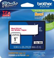 Brother TZe252 Standard Laminated 18mm x 8m (0.70 in x 26.2 ft) Red Print on White Tape, UPC 012502625803, For Use With PT-1400, PT-1500PC, PT-1600, PT-1650, PT-2200, PT-2210, PT-2300, PT-2310, PT-2400, PT-2410, PT-2430PC, PT-2500PC, PT-2600, PT-2610, PT-2700, PT-2710, PT-2730, PT-2730VP, PT-330, PT-350, PT-3600, PT-520 (TZE-252 TZE 252 TZ-E252) 