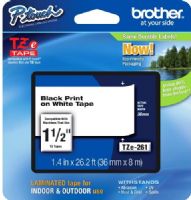 Brother TZe261 Standard Laminated 36mm x 8m (1.40 in x 26.2 ft) Black Print on White Tape, For Use With PT-3600, PT-530, PT-550, PT-9200DX, PT-9200PC, PT-9400, PT-9500PC, PT-9600, PT-9700PC, PT-9800PCN, UPC 012502625810 (TZE-261 TZE 261 TZ-E261) 