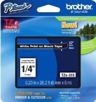 Brother TZe315 Standard Laminated 6mm x 8m (0.23 in x 26.2 ft) White Print on Black Tape, UPC 012502625827, For Use With GL-100, PT-1000, PT-1000BM, PT-1010, PT-1010B, PT-1010NB, PT-1010R, PT-1010S, PT-1090, PT-1090BK, PT-1100, PT1100SB, PT-1100SBVP, PT-1100ST, PT-1120, PT-1130, PT-1160, PT-1170, PT-1180, PT-1190, PT-1200, PT-1230PC (TZE-315 TZE 315 TZ-E315) 