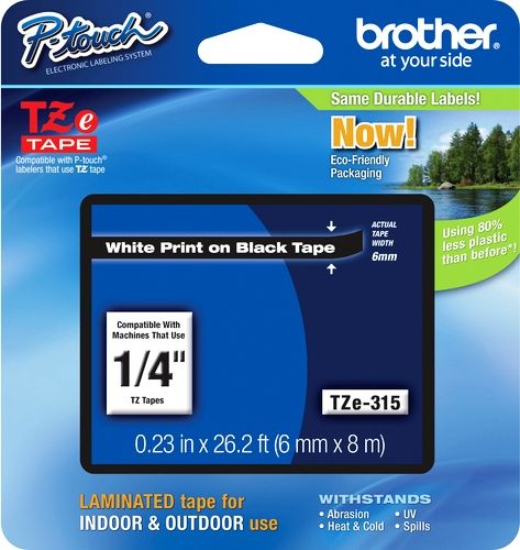 Brother TZe315 Standard Laminated 6mm x 8m (0.23 in x 26.2 ft) White Print on Black Tape, UPC 012502625827, For Use With GL-100, PT-1000, PT-1000BM, PT-1010, PT-1010B, PT-1010NB, PT-1010R, PT-1010S, PT-1090, PT-1090BK, PT-1100, PT1100SB, PT-1100SBVP, PT-1100ST, PT-1120, PT-1130, PT-1160, PT-1170, PT-1180, PT-1190, PT-1200, PT-1230PC (TZE-315 TZE 315 TZ-E315)