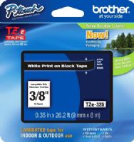 Brother TZe325 Standard Laminated 9mm x 8m (0.35 in x 26.2 ft) White Print on Black Tape, UPC 012502625834, For Use With GL-100, PT-1000, PT-1000BM, PT-1010, PT-1010B, PT-1010NB, PT-1010R, PT-1010S, PT-1090, PT-1090BK, PT-1100, PT1100SB, PT-1100SBVP, PT-1100ST, PT-1120, PT-1130, PT-1160, PT-1170, PT-1180, PT-1190 (TZE-325 TZE 325 TZ-E325) 