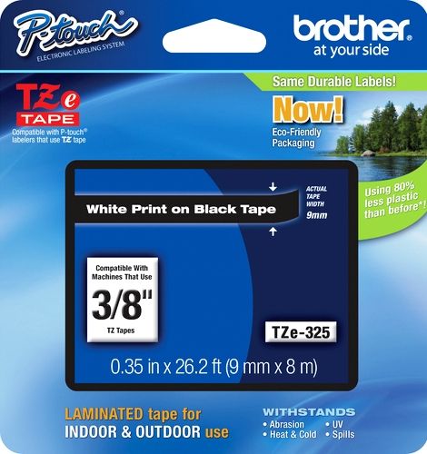 Brother TZe325 Standard Laminated 9mm x 8m (0.35 in x 26.2 ft) White Print on Black Tape, UPC 012502625834, For Use With GL-100, PT-1000, PT-1000BM, PT-1010, PT-1010B, PT-1010NB, PT-1010R, PT-1010S, PT-1090, PT-1090BK, PT-1100, PT1100SB, PT-1100SBVP, PT-1100ST, PT-1120, PT-1130, PT-1160, PT-1170, PT-1180, PT-1190 (TZE-325 TZE 325 TZ-E325)
