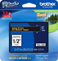 Brother TZe334 Standard Laminated 12mm x 8m (0.47 in x 26.2 ft) Gold Print on Black Tape, UPC 012502626442, For Use With GL-100, PT-1000, PT-1000BM, PT-1010, PT-1010B, PT-1010NB, PT-1010R, PT-1010S, PT-1090, PT-1090BK, PT-1100, PT1100SB, PT-1100SBVP, PT-1100ST, PT-1120, PT-1130, PT-1160, PT-1170, PT-1180, PT-1190, PT-1200 (TZE-334 TZE 334 TZ-E334) 