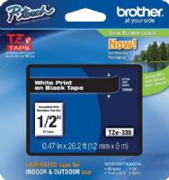 Brother TZe335 Standard Laminated 12mm x 8m (0.47 in x 26.2 ft) White Print on Black Tape, UPC 012502625841, For Use With GL-100, PT-1000, PT-1000BM, PT-1010, PT-1010B, PT-1010NB, PT-1010R, PT-1010S, PT-1090, PT-1090BK, PT-1100, PT1100SB, PT-1100SBVP, PT-1100ST, PT-1120, PT-1130, PT-1160, PT-1170, PT-1180, PT-1190, PT-1200 (TZE-335 TZE 335 TZ-E335) 