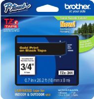 Brother TZe344 Standard Laminated 18mm x 8m (0.70 in x 26.2 ft) Gold Print on Black Tape, UPC 012502625858, For Use With PT-1300, PT-1400, PT-1500, PT-1500PC, PT-1600, PT-1650, PT-1700, PT-1760, PT-1800, PT-1810, PT-1830, PT-1830C, PT-1830SC, PT-1830VP, PT-1880, PT-1880C, PT-1880SC, PT-1880W, PT-18R, PT-18RKT, PT-1900, PT-1910 (TZE-344 TZE 344 TZ-E344) 
