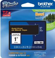 Brother TZe354 Standard Laminated 24mm x 8m (0.94 in x 26.2 ft) Gold Print on Black Tape, UPC 012502625872, For Use With PT-1400, PT-1500, PT-1500PC, PT-1600, PT-1650, PT-2200, PT-2210, PT-2300, PT-2310, PT-2400, PT-2410, PT-2430PC, PT-2500PC, PT-2600, PT-2610, PT-2700, PT-2710, PT-2730, PT-2730VP, PT-330, PT-350, PT-3600 (TZE-354 TZE 354 TZ-E354) 