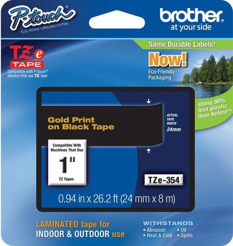 Brother TZe354 Standard Laminated 24mm x 8m (0.94 in x 26.2 ft) Gold Print on Black Tape, UPC 012502625872, For Use With PT-1400, PT-1500, PT-1500PC, PT-1600, PT-1650, PT-2200, PT-2210, PT-2300, PT-2310, PT-2400, PT-2410, PT-2430PC, PT-2500PC, PT-2600, PT-2610, PT-2700, PT-2710, PT-2730, PT-2730VP, PT-330, PT-350, PT-3600 (TZE-354 TZE 354 TZ-E354)