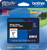 Brother TZe355 Standard Laminated 24mm x 8m (0.94 in x 26.2 ft) White Print on Black Tape, UPC 012502625889, For Use With PT-1400, PT-1500PC, PT-1600, PT-1650, PT-2200, PT-2210, PT-2300, PT-2310, PT-2400, PT-2410, PT-2430PC, PT-2500PC, PT-2600, PT-2610, PT-2700, PT-2710, PT-2730, PT-2730VP, PT-330, PT-350, PT-3600, PT-520 (TZE-355 TZE 355 TZ-E355) 
