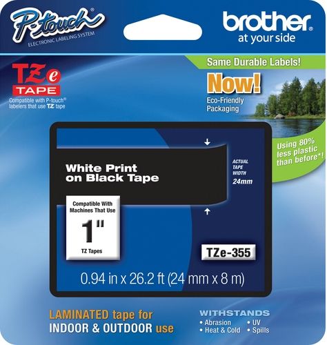 Brother TZe355 Standard Laminated 24mm x 8m (0.94 in x 26.2 ft) White Print on Black Tape, UPC 012502625889, For Use With PT-1400, PT-1500PC, PT-1600, PT-1650, PT-2200, PT-2210, PT-2300, PT-2310, PT-2400, PT-2410, PT-2430PC, PT-2500PC, PT-2600, PT-2610, PT-2700, PT-2710, PT-2730, PT-2730VP, PT-330, PT-350, PT-3600, PT-520 (TZE-355 TZE 355 TZ-E355)