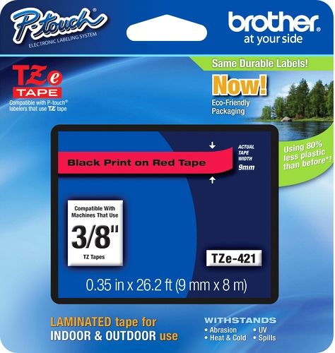 Brother TZe421 Standard Laminated 9mm x 8m (0.35 in x 26.2 ft) Black Print on Red Tape, UPC 012502625896, For Use With GL-100, PT-1000, PT-1000BM, PT-1010, PT-1010B, PT-1010NB, PT-1010R, PT-1010S, PT-1090, PT-1090BK, PT-1100, PT1100SB, PT-1100SBVP, PT-1100ST, PT-1120, PT-1130, PT-1160, PT-1170, PT-1180, PT-1190, PT-1200, PT-1230PC (TZE-421 TZE 421 TZ-E421)