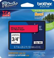 Brother TZe441 Standard Laminated 18mm x 8m (0.70 in x 26.2 ft) Black Print on Red Tape, UPC 012502625902, For Use With PT-1300, PT-1400, PT-1500, PT-1500PC, PT-1600, PT-1650, PT-1700, PT-1750, PT-1800, PT-1810, PT-1830, PT-1830C, PT-1830SC, PT-1830VP, PT-1880, PT-1880C, PT-1880SC, PT-1880W, PT-18R, PT-18RKT, PT-1900 (TZE-441 TZE 441 TZ-E441) 