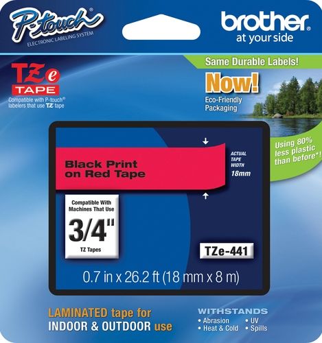 Brother TZe441 Standard Laminated 18mm x 8m (0.70 in x 26.2 ft) Black Print on Red Tape, UPC 012502625902, For Use With PT-1300, PT-1400, PT-1500, PT-1500PC, PT-1600, PT-1650, PT-1700, PT-1750, PT-1800, PT-1810, PT-1830, PT-1830C, PT-1830SC, PT-1830VP, PT-1880, PT-1880C, PT-1880SC, PT-1880W, PT-18R, PT-18RKT, PT-1900 (TZE-441 TZE 441 TZ-E441)