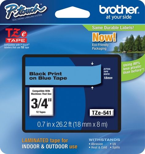Brother TZe541 Standard Laminated 18mm x 8m (0.70 in x 26.2 ft) Black Print on Blue Tape, UPC 012502625926, For Use With PT-1300, PT-1400, PT-1500, PT-1500PC, PT-1600, PT-1650, PT-1700, PT-1750, PT-1800, PT-1810, PT-1830, PT-1830C, PT-1830SC, PT-1830VP, PT-1880, PT-1880C, PT-1880SC, PT-1880W, PT-18R, PT-18RKT, PT-1900 (TZE-541 TZE 541 TZ-E541)